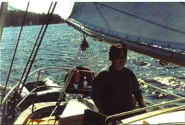 Kevin at the helm of our favorite Charter Sailer on Vancouver Island. (33KB/141KB)