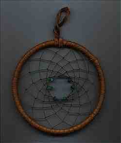 Plain Dream Catcher. Leather-wrapped rim, sinew web, & turqoise beads. (4KB/31KB)